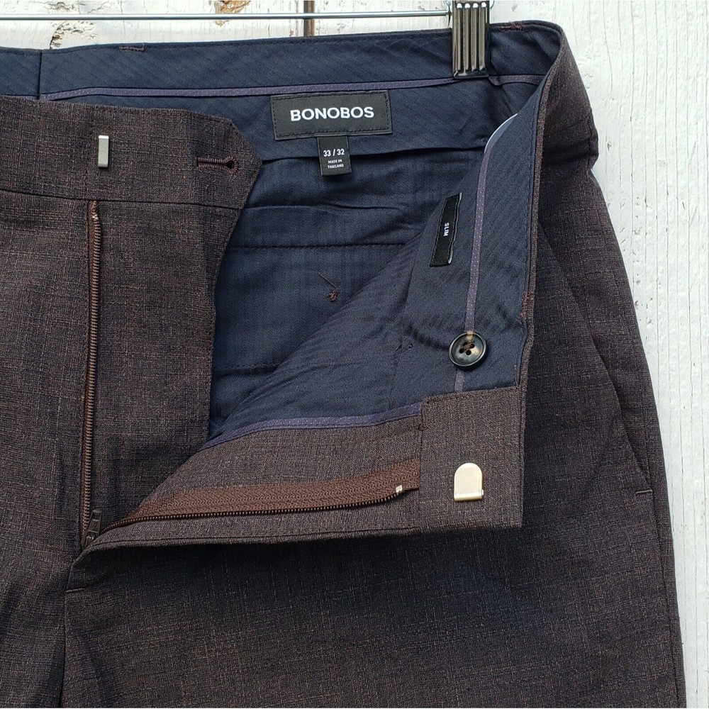 BONOBOS Tollegno 1900 3D Wool Cotton Linen Heathered Brown Pants 33/32 Slim Fit - Picture 4 of 8